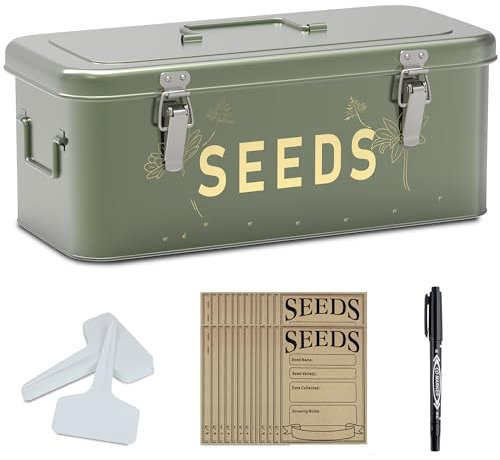 Orionstar Seed Storage Organizer, Metal Seed Saving Box with Lid, Seed Bin with 30 Plant Labels 30 Seed Envelopes 1 Marker Pens, 4 Compartments Box with Safety Locks, Blackish Green