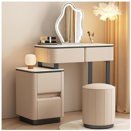 Moderner Schminktisch mit beleuchtetem Spiegel, gepolsterter Hocker und Beistellschrank, Khaki, Schlafzimmer-Make-up-Tisch Set