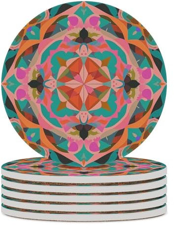 Keramik-Untersetzer, 6er-Set, Tischschutzmatte, Tisch-, Kaffeetassen-, Getränkeuntersetzer, saugfähig, rund, Keramik-Stein-Untersetzer mit Korkboden, bunte böhmische Muster, bedruckte Untersetzer für