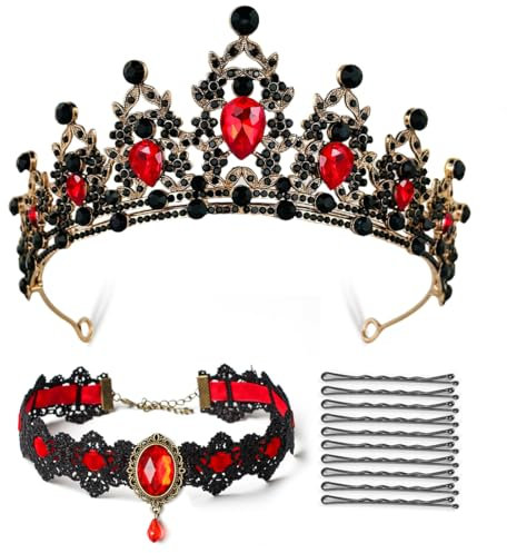 Meleager Diadème Femme, Rouge Cristallin Couronne Dentelle Gothique, Mariage, Halloween, Fête, Carnaval