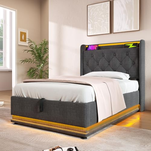 Lcoho Polsterbett einzelbett,360-Surround-LED-Funktion, Drucktaste/App/Fernbedienung,90X200 cm, Grau Leinen-Material Hydraulisches Lagerbett, gepolstertes Kopfteil mit USB Typ-C Ladefunktion