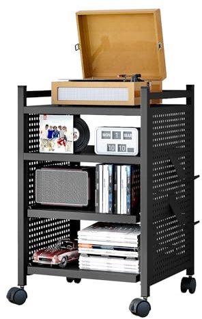 Sightlife Eckregal Stehend mit 4 Ebenen Standregal Eckregal Beistelltisch Audio Rack Nachttisch Side Table Schallplattenständer Bücherregal Eck-Stereo-Ständer Mit Rollen