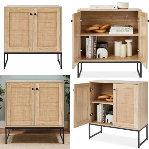 Gr8 Home Rattan Buffet Storage Cabinet 2 Door Cupboard Living Room Wooden Kitchen Sideboard With Shelves Hallway Dining Room Home Furniture