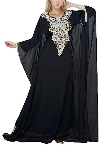 Amxleh Damen Arabisch Dubai Muslim Elegant Langarm V-Ausschnitt Blumen Spitze Stickerei Lang Abendkleid Kaftan Traditioneller Marokkanischen Kaftans Oder Eines Kabylenkleids Lockeres Gewand