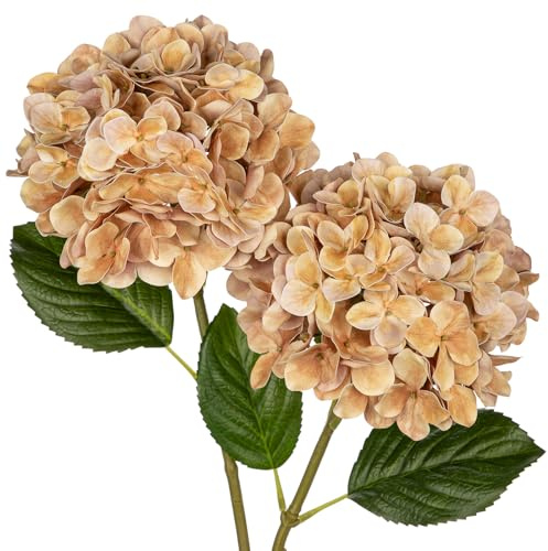 Briful Hortensias artificiales de tacto real, flores de hortensias de 24.8 pulgadas, color marrón rosa, plantas artificiales con tallo largo para exteriores, jardín, boda, decoración del hogar