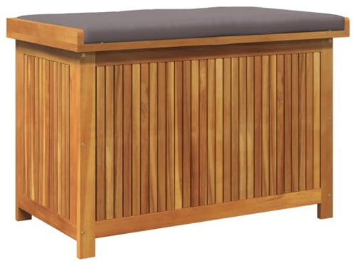 Canditree Banc de Jardin avec Coffre de Rangement en Bois d'acacia Massif | 90x50x60,5 cm, Banc de Rangement Extérieur avec Coussin Gris Foncé, Coffre à Coussin pour Jardin Patio