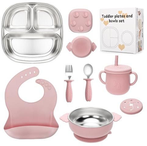 CLDY Baby 7 set di svezzamento in acciaio inox, set di alimentazione in silicone, piastre sezionali, ventose, tazze e coperchi con cannuccia, cucchiai, bavaglini, antiscivolo, senza BPA, per bambini e