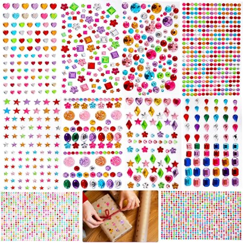 2500 Stück Glitzersteine Selbstklebend, Bunte Strasssteine Selbstklebend in Verschiedenen Formen & Größen, Glitzer Sticker zum Basteln, für Gesicht Körper Nägel Handwerke Fotorahmen und Grußkarten