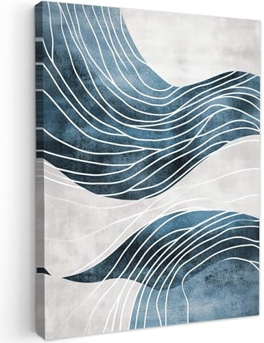 MuchoWow© Leinwand Bilder Wanddeko Wohnzimmer Aesthetic Room Decor Deko | 50x70 cm - Zimmer Wandbilder Modern Bild auf Linien - Wellen - Abstrakt - Blau