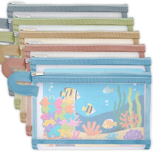 AlGuirnex 5pcs Mesh Toy Storage Bags, A5 Double-Layer Nylon Mesh Zipper Pouch Bags for Board Games Puzzles Building Blocks Scrapbook, Clear Kids Toy Storage for Classroom, Home & Office Supplies