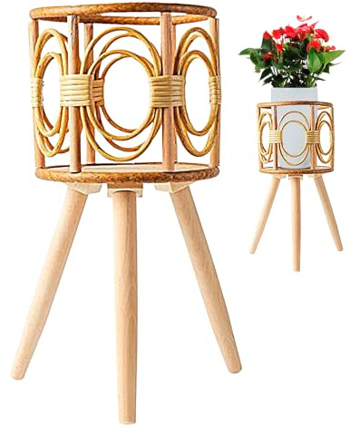 laxreheye Pflanzenständer aus Rattan, geflochten mit Blumen und Beinen, Holzregal für Pflanzen, Sukkulenten, Dekoration für Innenräume, Terrasse, Schreibtisch