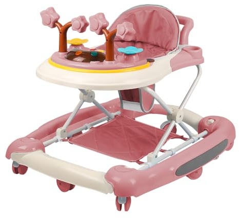 Lauflernhilfe 4 in 1, Drehspieß mit Tablett für musikalische Aktivitäten, für Babys, mit interaktivem Spielbrett, kippsichere Basis, von 6 bis 18 Monaten,67 * 75 * 85cm – Rosa (A)
