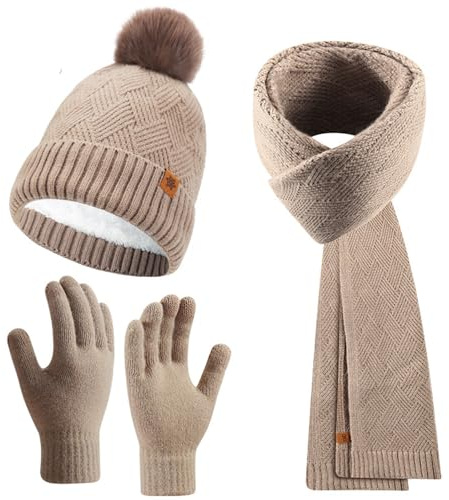 Enwokran Wintermütze Touchscreen Handschuhe Lang Schal Set mit Dick Fleece Gefütterte Thermo Strickmütze Beanie mit Bommel Schals Winterhandschuhe Strickhandschuhe (Khaki)