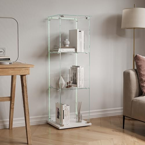 Glasvitrine Standvitrine,Glasvitrine Stehend mit Led,3 Lagen Glas Holz Glas Vitrine Vitrinenschrank 1 TüR und Schloss Vitrine Glasschrank Display Cabinet Sammlervitrine (Weiß, 3 Etagen 1 Tür+LED-2)