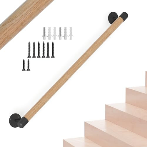 NArra - Treppengeländer 90 cm rund aus Holz Wandhalter - Sicherheitsgeländer für Senioren Kinder Behinderte - Braun - Rutschfest Korrosionsbeständig Wandhalter
