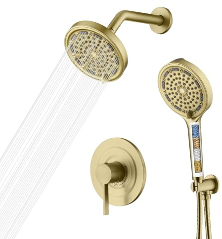 SUMERAIN Brushed Gold Shower System with Filtered Handheld Shower Head, Wall Mounted Shower Faucet Complete Combo with Shower Valve