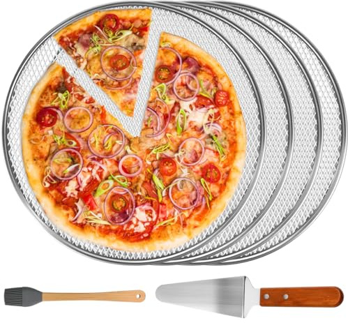 Elyyapt 4 PCS 12 Inch Aluminum Pizza Screen Pizza Tray for Oven Non Stick Pan, Pizzas Mesh Screen Round Pizzas Mesh Baking Sheet Trays Net with Spatula, Silicone Brush for Baking Kitchen, Seamless Rim