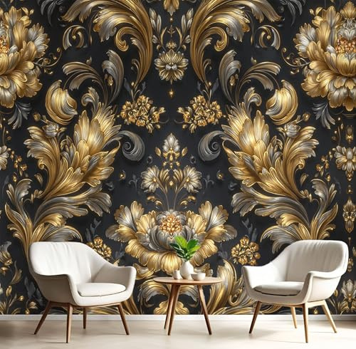 MIATCENRT Papier Peint Panoramique Baroque Décorations 3D, Papier Peint Muraux Photo Motif Fleurs Volutes Or, Murale Salon Tissu de Soie, Décoration Murale Chambre, 450x315cm (L×H)