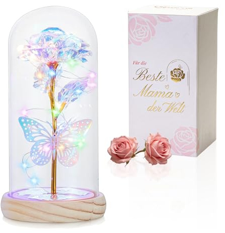 Glasseam Regali Bellezza e la Bestia: Rosa Colorata per Sempre in Cupola di Vetro per la Mamma - Rosa Eterna Finta e Farfalla con Luci Galaxy per la Festa della Mamma Natale Ringraziamento Compleanno
