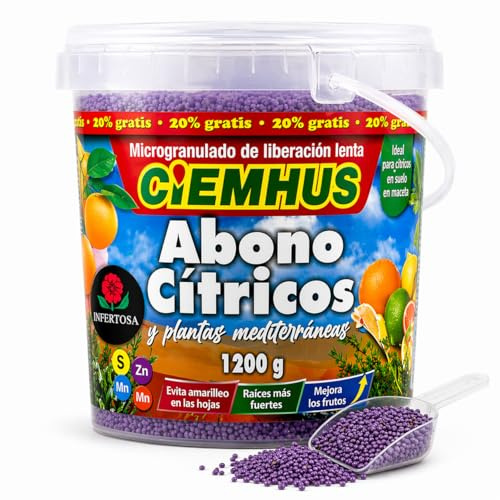 Fertilizante Cítricos de Liberación Lenta 1200g – Fertilizante NPK con Micronutrientes (Zn, Mn) – Nutrición hasta 120 días – Para Limoneros, Naranjos, Mandarinos y Plantas Mediterráneas