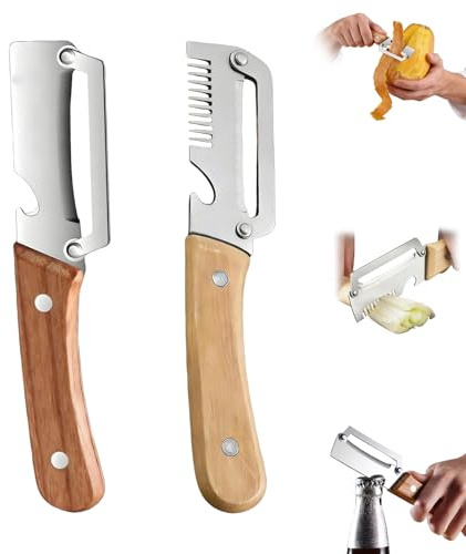Pelador Multifuncional, Pelador Verduras, Cuchillo Pelador Acero Inoxidable Mango Madera Antideslizante, Perfecto para Patatas, Zanahorias y Manzanas (1 rallador + 1 pelador)