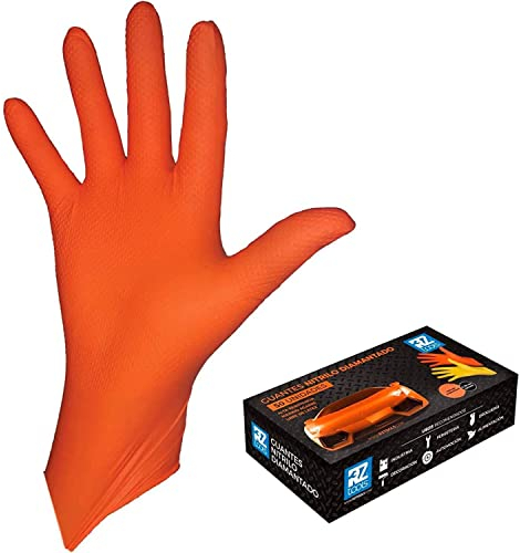 RZ TOOLS Guantes de Nitrilo Desechables Naranja | Guantes Extra Gruesos con Textura Diamante | Guantes para Taller y Montaje de Alta Resistencia Desechables | Tamaño S, L, M y XL (50, M)