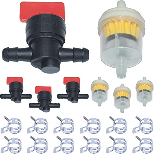 6mm Valvola Arresto e Filtri Carburante Kit di Ricambio, AUMEL 4 Pezzi Rubinetto Universale + 4 Pezzi Filtri Benzina + 12 × Fascetta Stringitubo per Trimmer Generatore ATV Moto