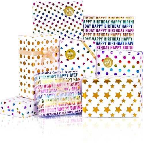 MAMUNU Geschenkpapier Geburtstag, 6 Stück Bunte Folie Sterne Geschenkpapier für Erwachsene und Kinder, Regenbogen Glitzernde Geschenkverpackung Papier für Geburtstag Valentinstag Hochzeit, 50CM x 70CM