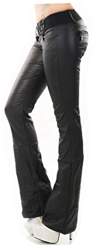 Redseventy, pantaloni da donna effetto bagnato/effetto pelle, pelle sintetica, taglio bootcut, con cintura, Nero , 44