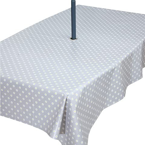 Rosie Lane PVC Wipe Clean Tablecloth with Parasol Hole - Grey Daisy Design (200cm x140cm)