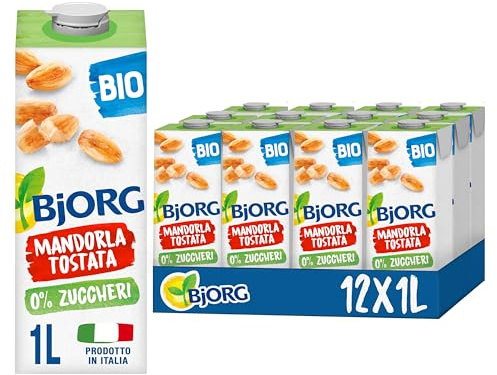 BJORG Bevanda di Mandorla Tostata Biologica 0% Zuccheri, Bevanda Vegetale a Basso Contenuto di Grassi, Ottimale per Tè e Caffè, Senza Glutine, Vegan, Prodotto in Italia, 12 Confezioni da 1 L