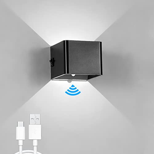 5W LED Innen Wandlampe mit Bewegungsmelder Akku Aufladbar Wandleuchte mit Schalter Treppenlicht USB Wiederaufladbar kabellos Schlafzimmer Magnetisch up und down light Flurlampe (black Kaltweiß)