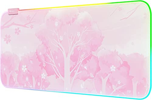 Mytrix RGB Gaming Mauspad Rosa Mousepad XXL 800x300mm, Großes Mauspad mit 14 Lichtmodi, Wasserdichtes Tastaturpad mit Rutschfester Gummibasis, Erweiterte Groß Schreibtischunterlage, Kawaii Sakura