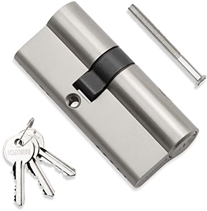 Bwintech 70mm (30/40) Zylinderschloss aus Satin Nickel mit 3-Standard Antihaken, schlagfest, durchstoßfest, Hochsicherheits-Holzschlüssel