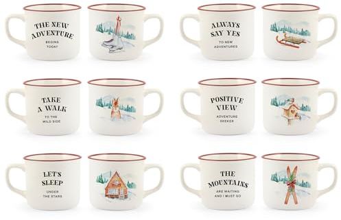 H&H Mountain Set 6 Tazze Jumbo in New Bone China, 410cc, Decoro Invernale, Colazione