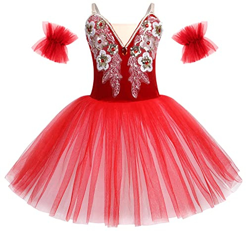 OBEEII Ragazza Balletto Danza Abito Spaghetti Straps Decalcomania Ricamata Tutu Body Classico Ginnastica Leotardo Costume con Fascia da braccio, rosso, 9-10 Anni