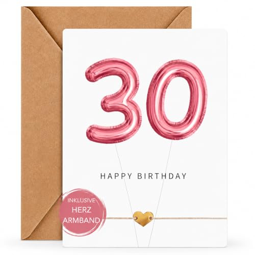 LeniSch Geburtstagskarte 30 mit Herz-Armband (18K vergoldet) – Happy Birthday Karte zum 30. Geburtstag für Frauen | Geschenk mit Zahlen-Luftballons, handgefertigt inkl. Umschlag