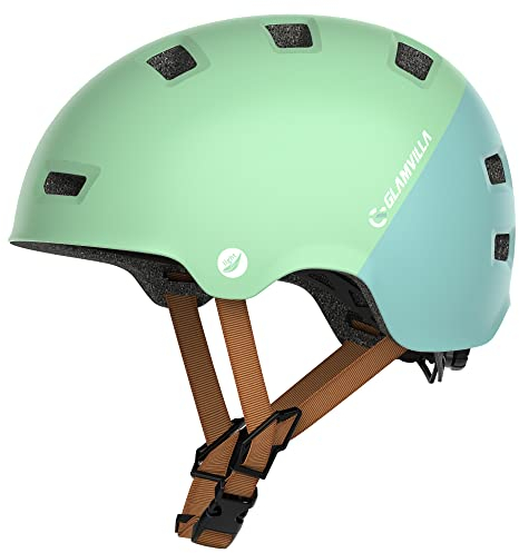 GLAMVILLA Skaterhelm Fahrradhelm Ultraleicht Stadthelm für Kinder/Damen/Herren,Verstellbar Unisex Schutzhelm für Skateboard E-Scooter Roller BMX,nur 260g/270/280g (Mintgrün mit Grasgrün, L(57-61cm))
