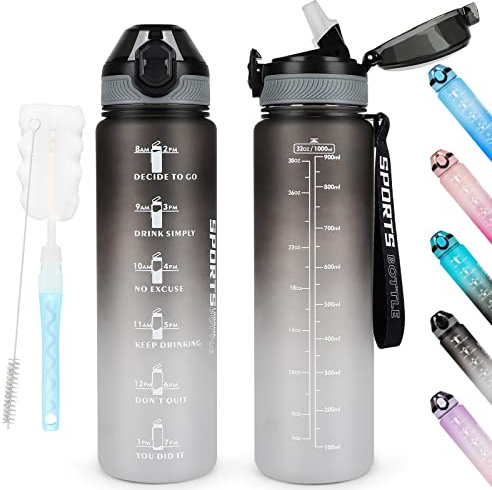 AOHAN Borraccia sportiva senza BPA da 1 l, con cannuccia, lavabile in lavastoviglie, bottiglia d'acqua motivazionale a tenuta stagna con indicazione del tempo, non tossica per mensa (Nero Grigio)