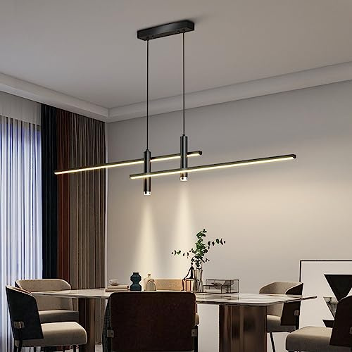Moderne Esstisch Pendelleuchte LED Dimmbar Hängelampe Höhenverstellbar Kronleuchter mit Fernbedienung Hängeleuchte Wohnzimmer Lampe Wohnzimmer Küche Esszimmer Büro Deckenleuchte (Schwarz, L150cm)