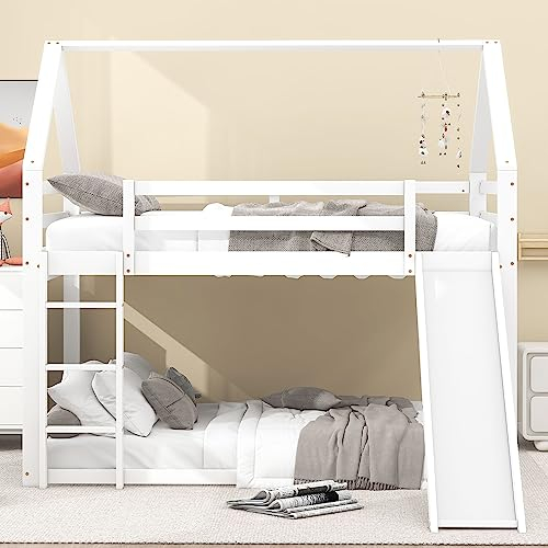 Moimhear Doppelbett Kinderbett Hausbett Etagenbett mit Rutsche und Leiter, Kinderzimmer Hoch-Doppel-Stockbett, 140x200cm (Weiß)