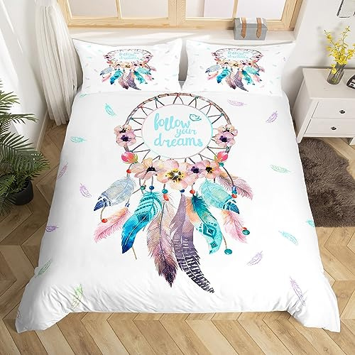 Housse de Couette 220x240 Attrape Rêves en Imprimé Parure de Lit Fille 2 Personne avec Fermeture Éclair avec Taies d'oreiller 65x65cm Dreamcatcher Plumes Fleurs Literie Housse de couette ado fille