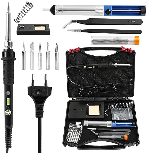 Trintion Lötkolben Set 60W LCD Einstellbar Temperatur 200-450 ° C Lötkolben mit Ein/Aus Schalter, Entlötpumpe, Lötkolbenständer, Pinzette, Lötset für Elektrische Arbeiten