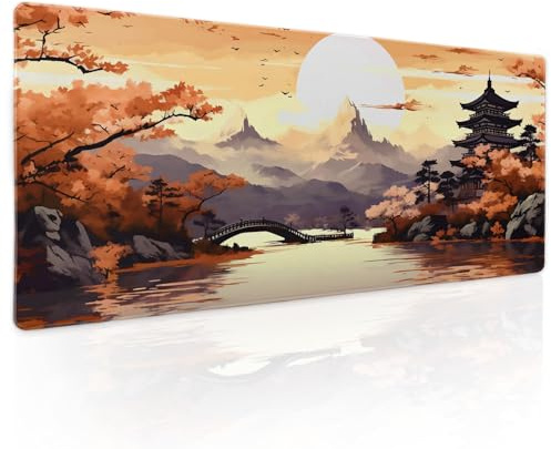 Grand tapis de souris de jeu Sakura japonais, orange, taille XL, jaune cerisier, montagne, grand tapis de souris esthétique, base en caoutchouc antidérapant, bords cousus pour ordinateur de bureau, 80