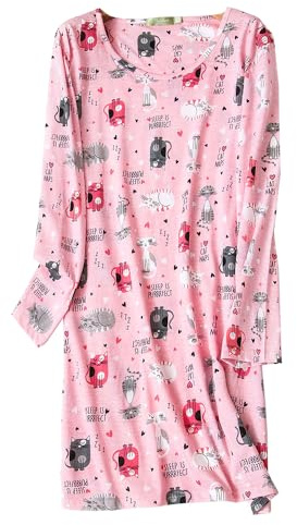 Dreamskull Chemise de nuit pour femme à manches longues - Nuisette ample - Robe de maison en t-shirt - Dessin animé Stely - Chemises de nuit pour l'automne, Motif chat Rose, L