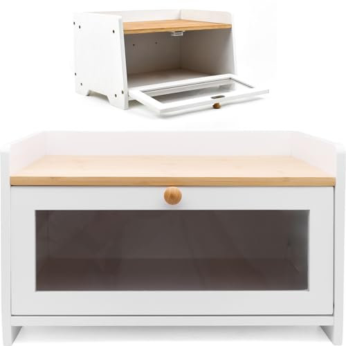 Maison Des Cadeaux Bamboo Wood Bread Bin Two Tone Food Storage Kitchen Countertop with Top Shelf (BAM 16)