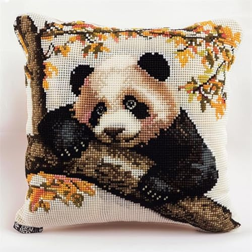 kitphoenix Kit de Coussin avec Crochet à Loquet Panda Kit Coussin au Point Noué, 43×43CM création de Tapis et Canvas, Kit Tapis Point Noué,Tapis Point Noué Kit