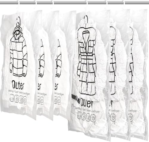 6Pack Hanging Vacuum Storage Bag Reusable Space Saver Compressed Bag with Hangers.3pcs in 26.3x35.4inch(67x90cm) and 3pcs in 26.3x43.3inch (67x110cm)