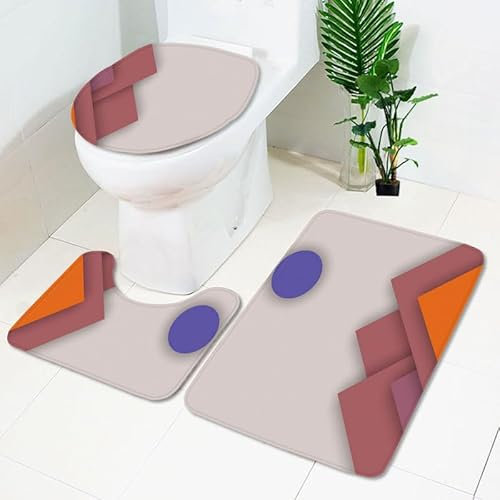 Bad Teppiche Set Lila Kreis Badezimmerteppich Waschbar WC Vorleger mit Ausschnitt und WC Deckelbezug 3 Teilig Badematte rutschfest Toilettensitzbezug Badgarnitur 50x80 cm