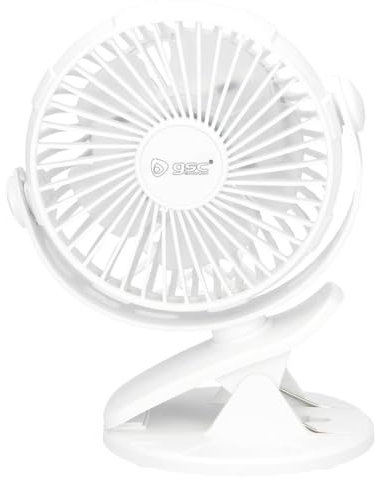 Brightium Ventilador de sobremesa blanco con pinza, 3W, compacto y versátil, ideal para enfriamiento en espacios reducidos y uso en escritorio.
